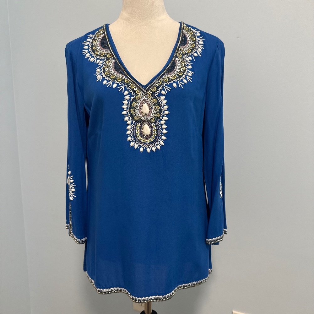Lilly Pulitzer  Embellished Beaded Blue Top Tunic Size‎ S